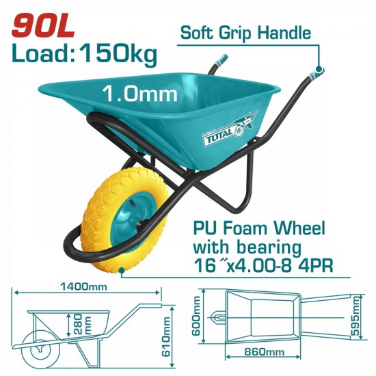 TOTAL ΕΠΑΓΓΕΛΜΑΤΙΚΟ ΚΑΡΟΤΣΙ ΕΡΓΟΛΑΒΙΚΟ 90Lit / 150Kg ΜΕ ΡΟΔΑ ΣΥΜΠΑΓΗ ΠΟΛΥΟΥΡΕΘΑΝΗΣ (THTWB64018GPU) Ανύψωση - Μεταφορά