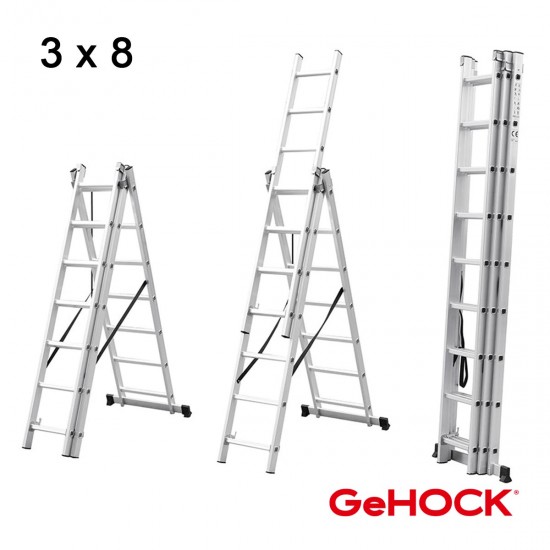 Τριπλή Σκάλα Επεκτεινόμενη Αλουμινίου 3 x 8 Σκαλοπάτια GeHOCK Σκάλες 